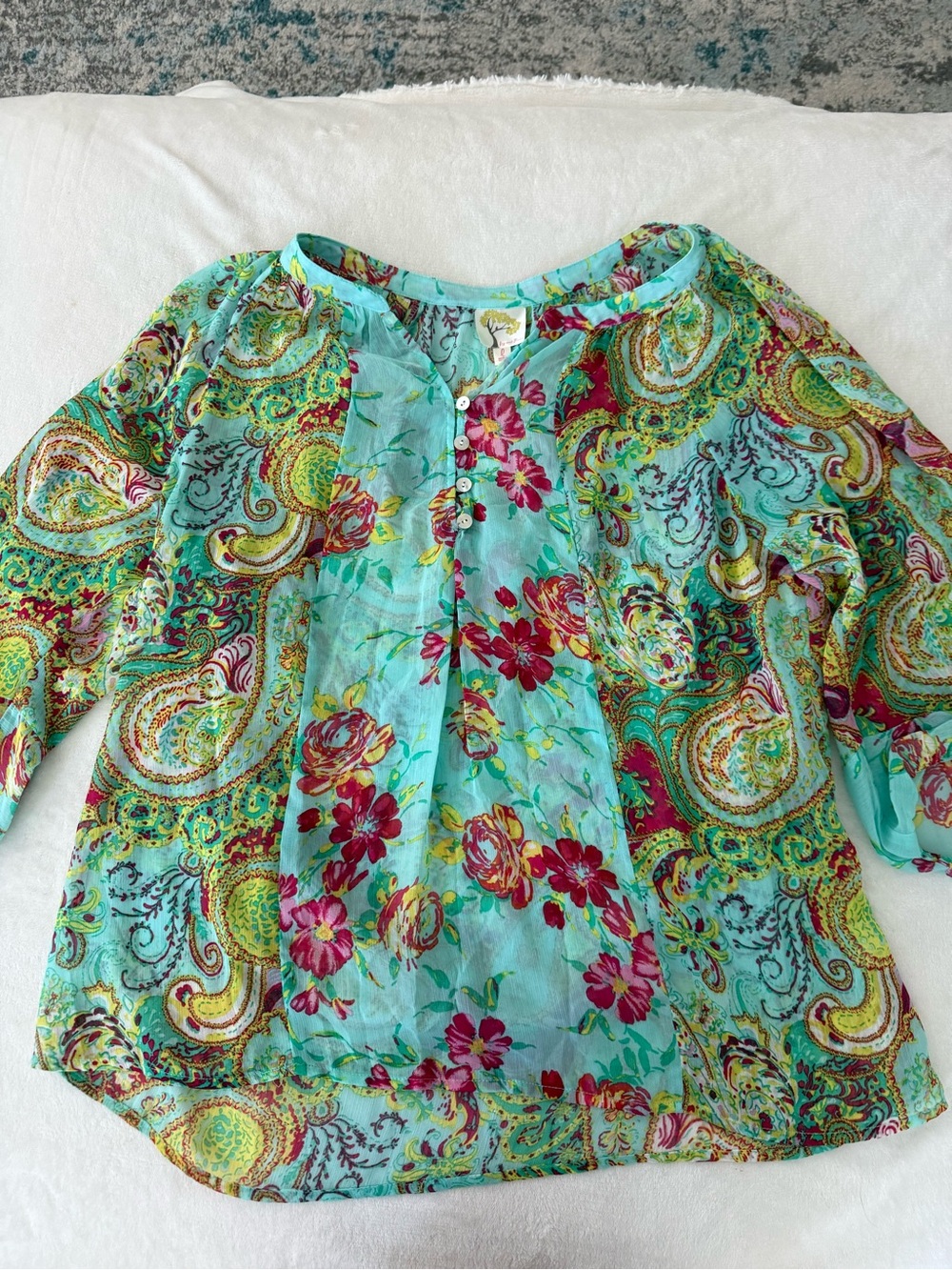 Fig & Flower Sheer Aqua Blue Floral Paisley Boho Peasant Blouse Large D75